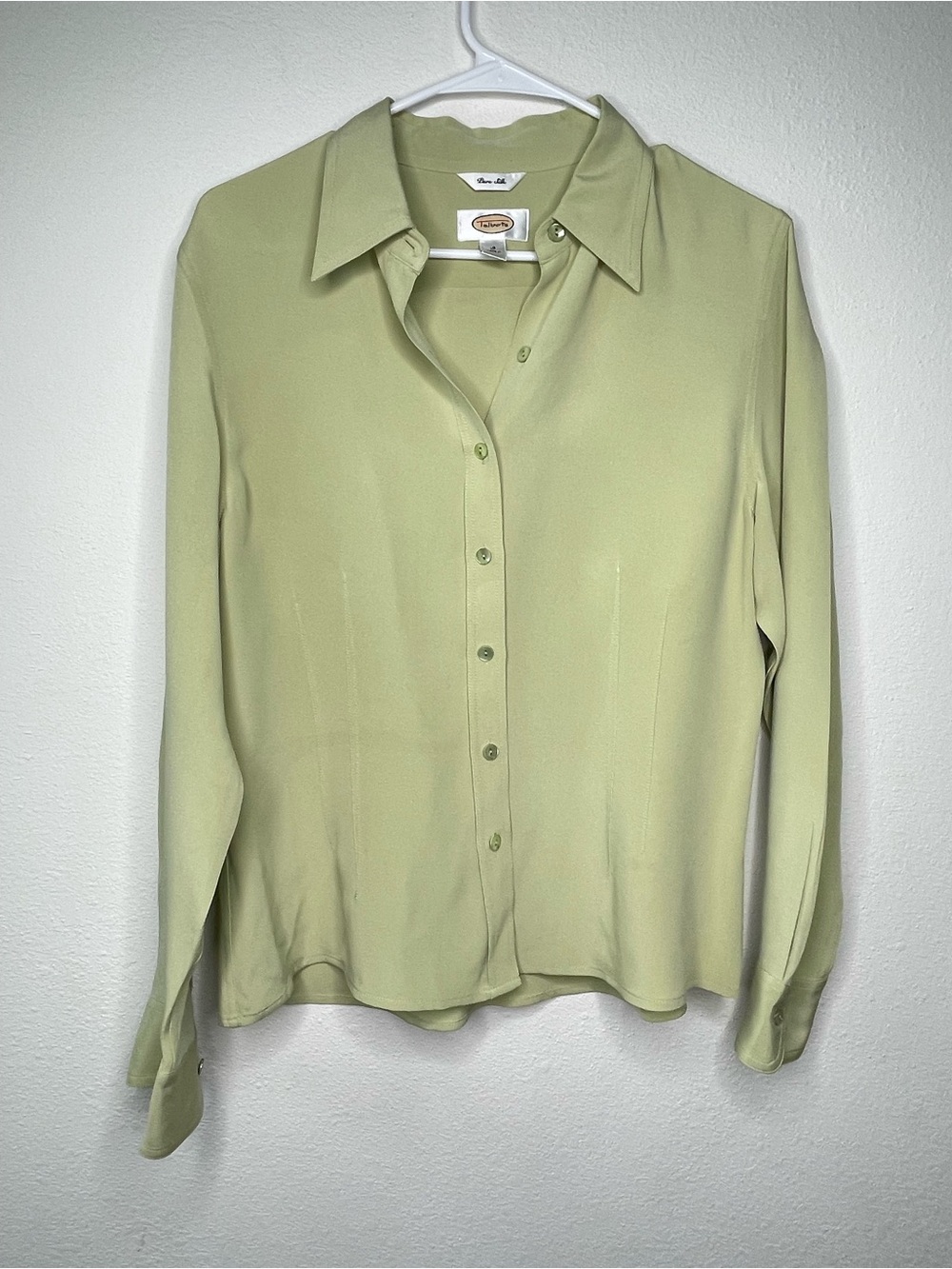 Talbots Shirt Womens 12 Green Pure Silk Stretch Button Front Blouse Y2K